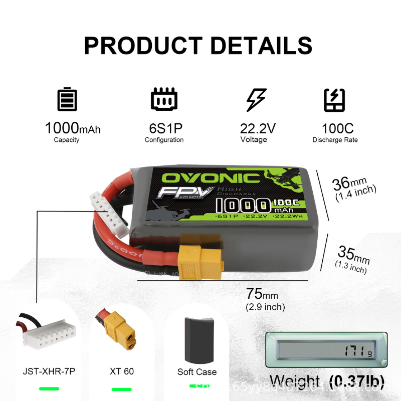 2 batteries LiPo OVONIC 1000mA - Drone Battery 6S avis et prix